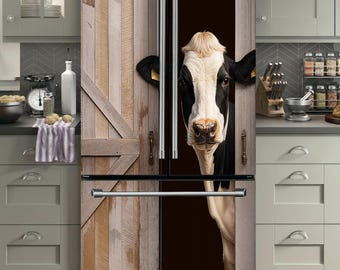 Cow Barn Fridge Wrap – Farmhouse Peel and Stick Refrigerator Decal, Rustic Country French Door, Bottom Freezer Refrigerator, Custom Size