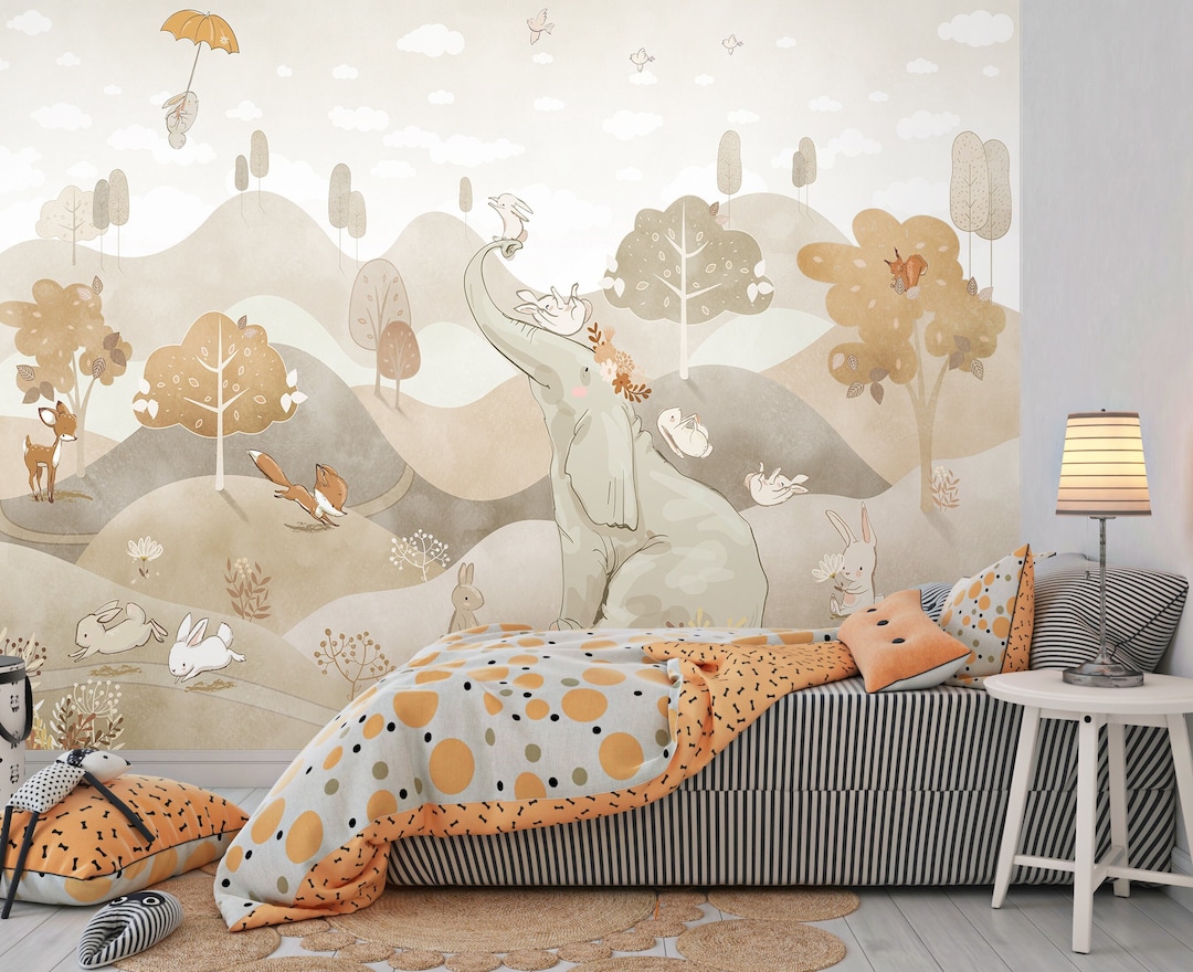 Watercolor Animals Nursery Wallpaper Mural, Elephant, Bunny Kids Wall
