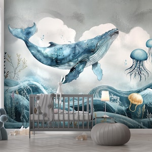 Blue Whale Nursery Wallpaper – Under the Sea Non Woven Textured Wall Mural for Kids Bedroom, Ocean Wallpaper for Nursery, Kids Bedroom