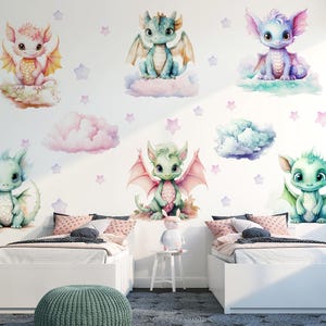 Watercolor Fairy Dragon Wall Decals – Removable Peel & Stick Vinyl, Cute Fantasy Dragons Nursery Stickers for Kids Room, Baby Bedroom Decor