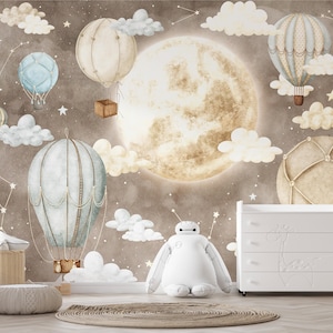 Dreamy Hot Air Balloon Wallpaper Mural – Textured Non-Woven Kids Room Decor with Moon, Stars, and Clouds, Night Sky Theme, Retro Airship