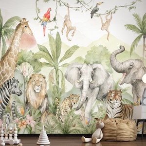 Kids Safari Animals Wallpaper for Nursery, Safari Jungle Animal Wallpaper Mural, Non-Woven wallpaper, Nursery Wall Art, Removable Wall Decor