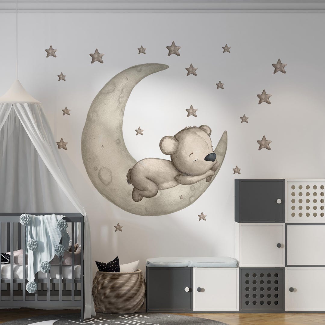 Sleeping Bear Wall Decals, Watercolor Moon and Clouds Wall Decal, Peel ...
