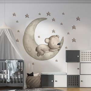 Sleeping Bear Wall Decals, Watercolor Moon and Clouds Wall Decal, Peel&Stick Teddy Bear On The Moon Kids Wall Sticker Nursery Wall Mural