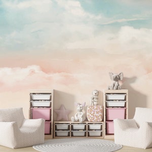 Pastel Colors Clouds Wallpaper Mural, Pale Tones Dreamy Sky Kids Wallpaper, Non-Woven Textured Wallpaper, Wildlife Nursery Wall Mural