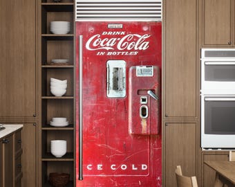 Retro Coca Cola Fridge Wrap – Peel & Stick Decal, Custom Size for Side-by-Side or Top Freezer, Man Cave, Garage, Vintage Kitchen Decor