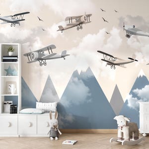 Himmel Tapete Wandbild für Jungen, Flugzeug und Berge Wandbild, Flugzeuge Vlies Tapete, Retro Luftschiff Wanddekor für Kinderzimmer