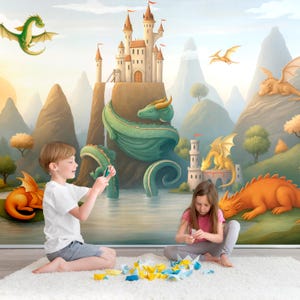 Fantasy Dragon Castle Wallpaper Mural, Kids Adventure Wall Decor with Flying Dragons Non Woven Textured Mural, Sleeping Dragons, Custom Size