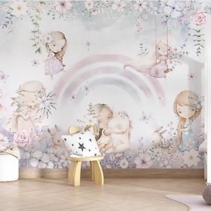 Mural de pared con acuarela de jardín de hadas para habitación infantil / Arcoíris, flores y conejitos / Mural de pared floral con temática de hadas / Habitación infantil con textura no tejida
