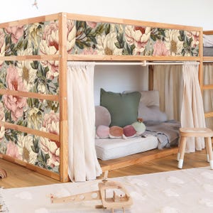 Vintage Floral IKEA KURA Bed Decals – Peel & Stick Vinyl Wrap | Removable Bunk Bed Stickers for Girls Room, Blush and Cream Peony Design