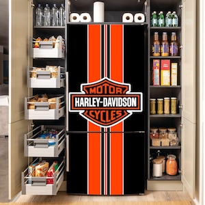 Retro Garage Fridge Wrap – Black & Orange Stripe Peel and Stick Decal, Custom Vinyl for Men&#39;s Cave, Side-by-Side or French Door Refrigerator