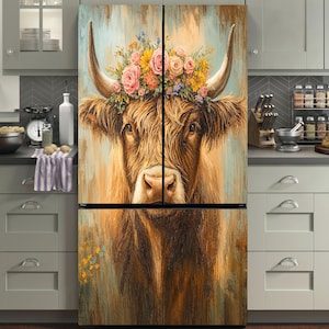 Highland Cow Fridge Wrap – Boho Floral Refrigerator Vinyl Decal | Farmhouse Fridge Skin, Peel & Stick, Side-by-Side, Top-Bottom Fridge
