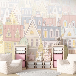 Cute City House Wallpaper Mural,Cityscape Watercolor Kids Wallpaper,Non-Woven Textured Wallpaper, Wildlife Nursery Wall Mural, Colorful Town