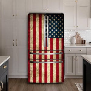 Vintage American Flag Fridge Wrap – Rustic USA Peel & Stick Decal, Patriotic Vinyl for Side-by-Side or French Door Refrigerator, Custom Size