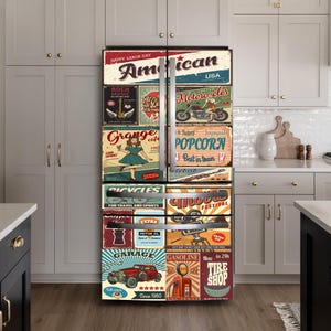 Vintage Garage Labels Fridge Wrap – Gas Pump, Retro Oil Signs, Peel & Stick Vinyl Decal, Custom Refrigerator Cover, Removable Kitchen Decor