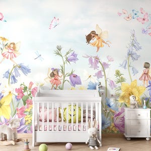 Carta da parati murale con fate acquerellate per bambini, carta da parati murale con fiori primaverili colorati, carta da parati testurizzata in tessuto non tessuto, decorazione da parete con principesse da favola