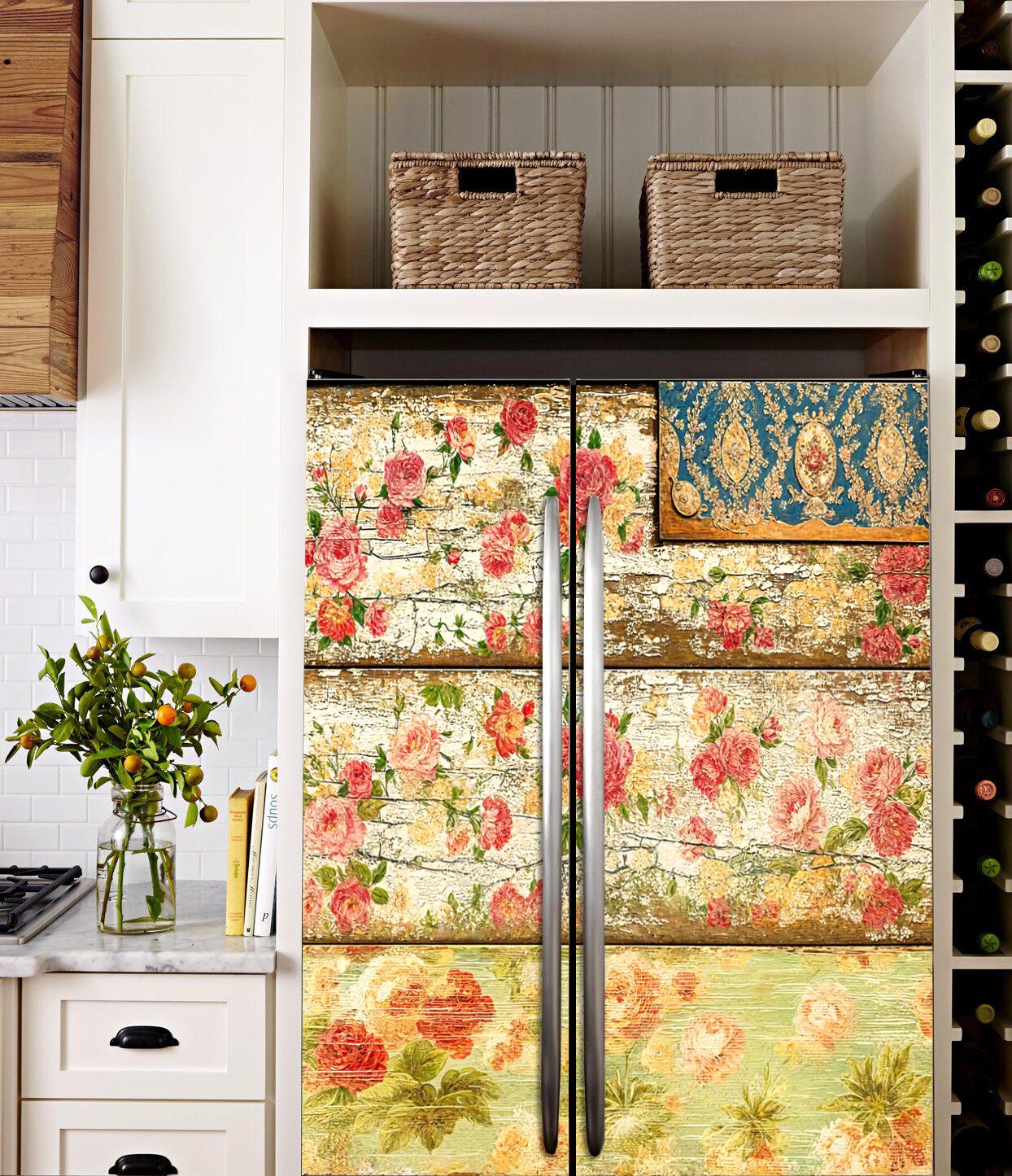 Shabby Chic Floral Fridge Wrap – Vintage Roses Refrigerator Vinyl Decal | Rustic Wood  Fridge Skin | Self-Adhesive, Top-Bottom, Custom Size