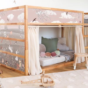 Pastel Meadow & Sky Decals for IKEA KURA Bed – Bunnies, Birds, Wildflowers Bunk Bed | Removable Vinyl Wrap, Soft Pink Kids Room Decor
