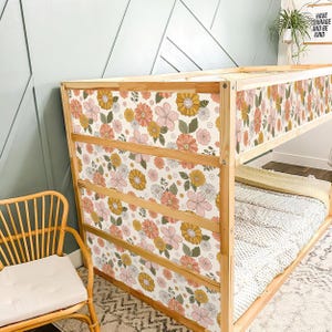Retro Floral IKEA KURA Bed Decals – Peel & Stick Vinyl Wrap | Removable Bunk Bed Stickers for Girls Room, Boho Flower Design