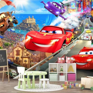 Cartoon Cars Theme Wallpaper Mural – Lightning McQueen Non-Woven Removable Wall Mural for Kids Room, Boys Room Wallpaper, Kids Room