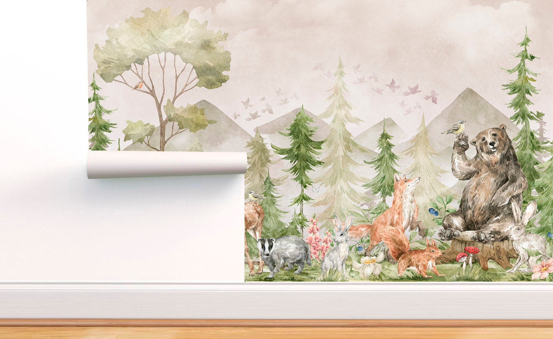 Kids Forest Animals Wallpaper for Nursery, Watercolor Woodland ...