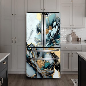 Blue Floral Fridge Wrap – Gold Flowers Peel & Stick Vinyl Decal | Removable Refrigerator Door Sticker, Elegant Top Bottom Fridge Wrap