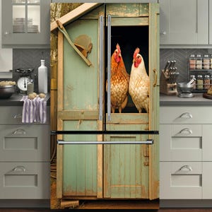 Farmhouse Chicken Coop Fridge Wrap – Vintage Green Peel & Stick Vinyl Decal, Farmhouse Henhouse Side-by-Side Refrigerator Cover, Custom Size