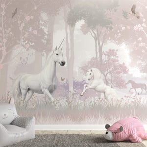 Unicorn Nursery Wallpaper Mural, Fairy Forest Kids Wallpaper, Non-Woven Textured Wallpaper, Whimsical forest, Pale Pink Girl Room Wall Decor