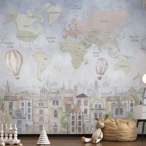 Colorful Educational World Map Nursery Wallpaper Mural, Watercolor Balloons Kids Wall Decor, Non-Woven wallpaper, Kids Travel Map Wall Mural