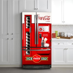 Vintage Vending Machine Fridge Wrap – Retro Coca Cola Peel & Stick Decal, Side-by-Side, Top Freezer Refrigerator, Custom Vinyl Kitchen Decor