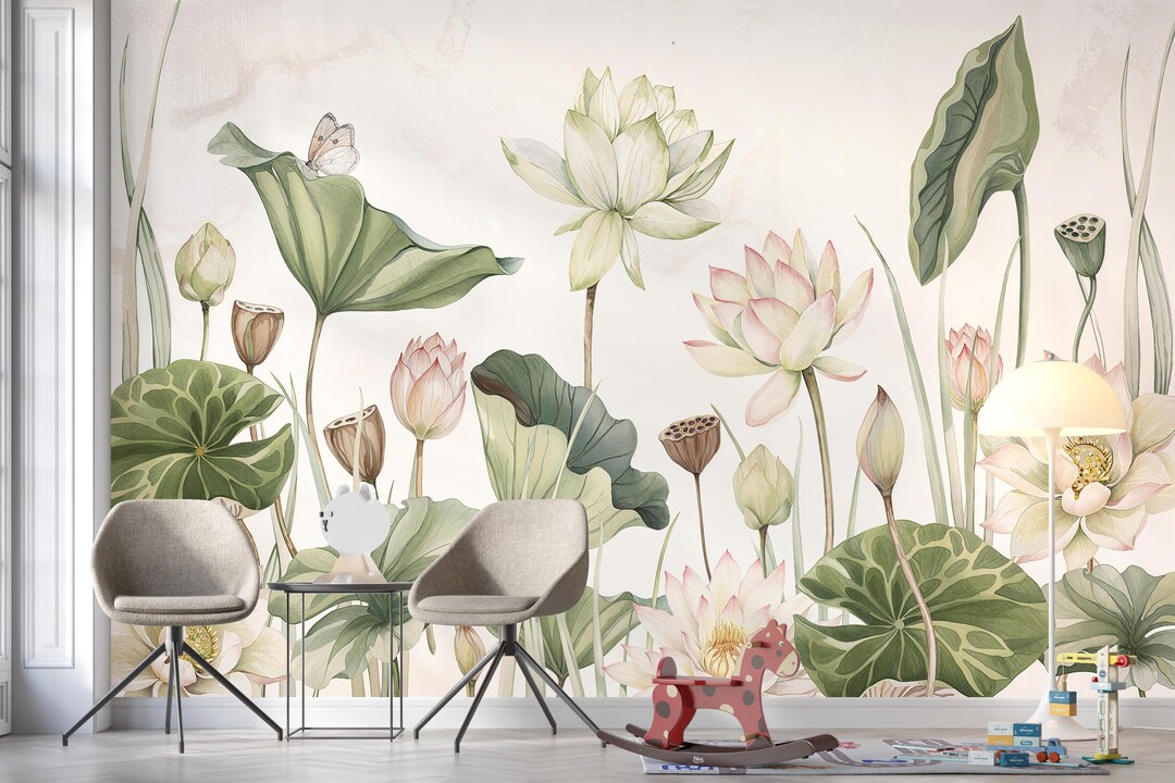 Lily Flowers Wallpaper Mural, Watercolor Flowers and Leaves Wall Mural ...