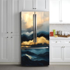 Abstract Ocean Fridge Wrap – Blue and Gold Wave Refrigerator Decal | Peel & Stick Vinyl Skin, Custom Size for French Door or Side-by-Side