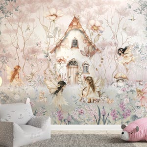 Papier peint fantaisiste de conte de fées, papier peint enfant forêt rose pâle, papier peint intissé texturé, papier peint chambre d'animaux sauvages, fées