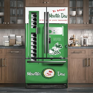 Retro Mountain Dew Vending Machine Fridge Wrap – Soda Machine Peel & Stick Vinyl Decal, Side-by-Side, Top Freezer Refrigerator, Custom Size