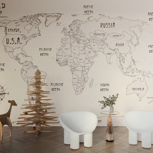 Neutral Soft World Map Wallpaper Mural, Non Woven, Custom Size, Textured Mural, Vintage World Map Wall Art, National Geographic Map Mural