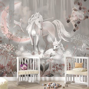 Fairy Unicorn Nursery Wallpaper Mural, Fairies Kids Wallpaper, Non-Woven Textured Wallpaper, Whimsical forest, Girl Room Wall Decor