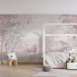 Pink Forest with Unicorn Nursery Wallpaper Mural, Fairytale Wall Mural, Custom size, Non Woven, Fairy Forest, Princess Room Wallpaper