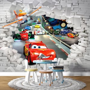 Lightning McQueen Wallpaper Mural – Cars Movie Wall Mural, Non-Woven Textured Removable Wallpaper for Kids Room, Nursery Wall Art, Boys Room