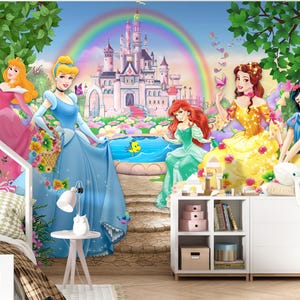 Fairy Princess Wallpaper Mural | Non-Woven Textured & Removable Wallpaper | Magical Girls Room Wall Décor with Fairy Castle and Rainbow