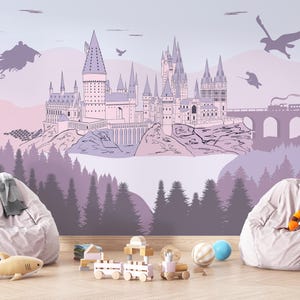 Wizard Castle Wallpaper Mural – Magical Ombre Fairytale Landscape | Removable Non-Woven Textured Wall Art for Kids Room or Nursery