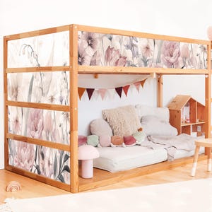 Blush Watercolor Flowers IKEA Kura Bed Decals, Peel and Stick Vinyl Wrap, Removable Bunk Bed Makeover, Vintage Wildflowers, Kids Room Decor
