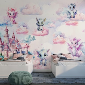 Cute Dragon Girly Nursery Wallpaper Mural, Sky And Clouds Wallpaper, Non-Woven Textured Wallpaper, Fairy Castle Kids Room Wall Decor