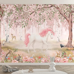 Pink Unicorn and Woodland Nursery Wallpaper Mural, Fairytale Kids Wallpaper, Non-Woven Textured Wallpaper,Animals, Girls Room Wall Decor