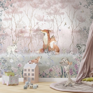 Carta da parati murale con animali del bosco stravaganti, carta da parati per bambini con foresta rosa pallido, carta da parati testurizzata in tessuto non tessuto, carta da parati murale con animali selvatici