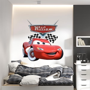 Calcomanía de pared con nombre personalizado, calcomanía de pared con nombre personalizado de la película Cars, nombre de niño personalizado para niños, decoración de letras de vinilo para guardería, autos de carrera