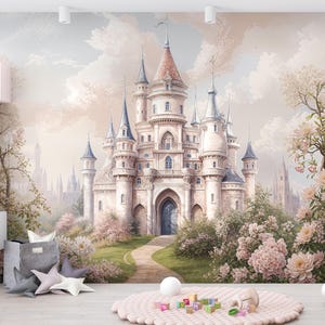 Carta da parati murale con castello e fiori rosa, carta da parati murale rosa da sogno, carta da parati testurizzata in tessuto non tessuto, decorazione da parete con motivo a principessa da favola