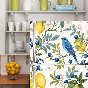 Lemon & Blue Bird Fridge Wrap– Peel and Stick Vinyl Decal | Botanical Refrigerator Sticker, Removable Top Bottom Fridge Wrap, Kitchen Decor