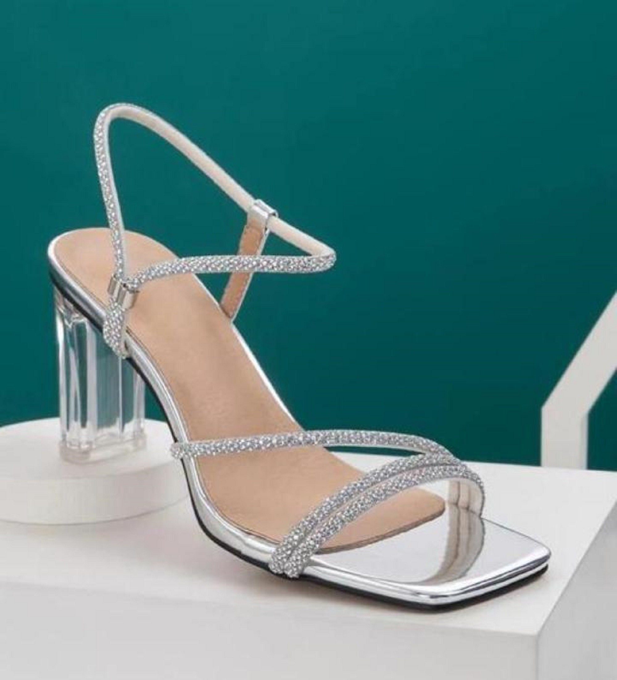 Transparent Block Heeled, Women's Heeled, Rhinestone Heel, Ankle Strap