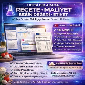 May include: A laptop screen shows a food recipe and nutrition information software interface. The screen displays data tables and nutrition facts labels. Text in the image includes "Recipe, Cost, Nutritional Value, Label" and "Instant Digital Download."