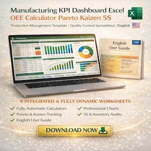 Peut inclure: Un ordinateur portable affichant un tableau de bord des indicateurs de performance (KPI) de fabrication avec des graphiques. Le texte "Manufacturing KPI Dashboard Excel" et "English User Guide" est visible. Un bouton doré indique "DOWNLOAD NOW".